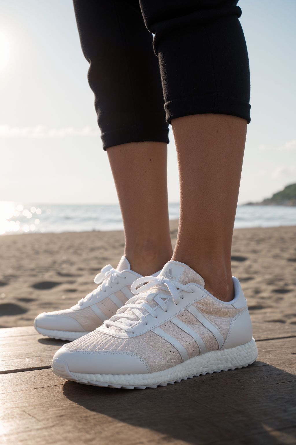 02240-3221252222-RAW photo BREAK white adidas sneaker on a wooden table, beach in background, Bokeh BREAK detailed, sunrays, sunlight, cinematic.png